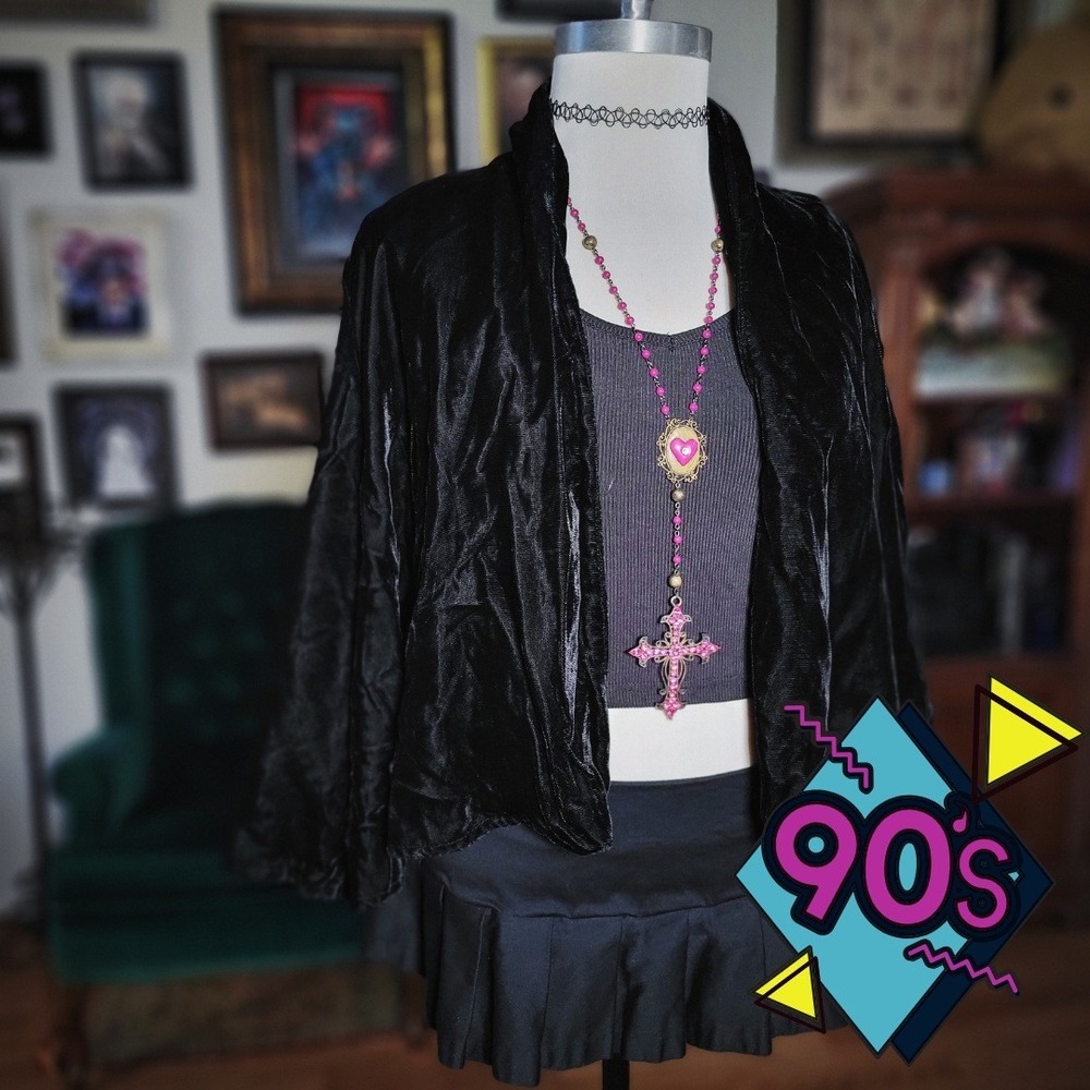 Roberta Black Velvet Jacket Vintage 90s Gothic Grunge Whimsigoth Open Front XL